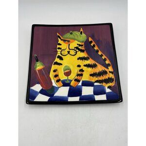 Vintage 2005 Naylor Ceramic Art Wall Plate Hand Painted Cat Wine Bottle Glass